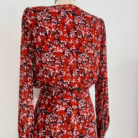 The Kooples Red Floral Long Sheer Sleeve Mini Wrap Dress Womens Size 0 Paris - Picture 8 of 16